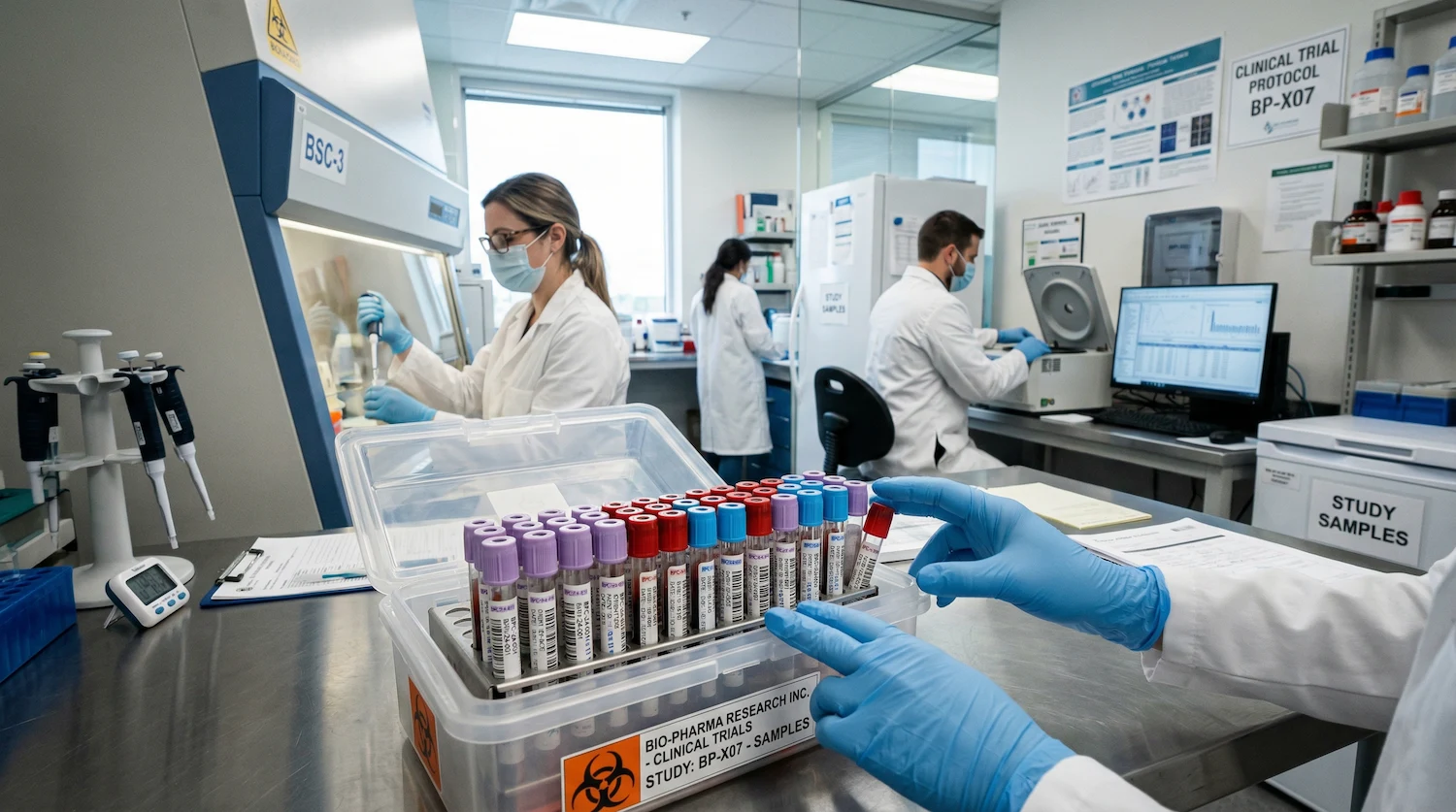 Clinical trial laboratory researchers in white coats handling labeled study sample vials at Bio-Pharma Research Inc., with a biosafety cabinet, centrifuge, and monitoring equipment visible in the background.
