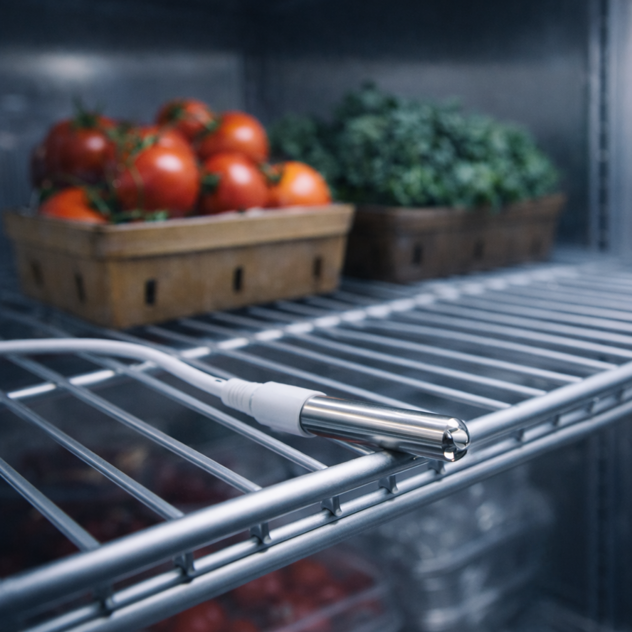 InstruVU external temperature probe on refrigerator shelf for accurate cold storage monitoring in food service and pharmaceutical applications