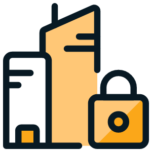 A colorful flat-style icon featuring a tall orange skyscraper and a smaller white building silhouette next to a large orange padlock, representing site-wide security and facility protection.