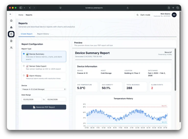 The InstruVU reporting interface showing a preview of a generated device summary report with historical temperature graphs and alarm event data.