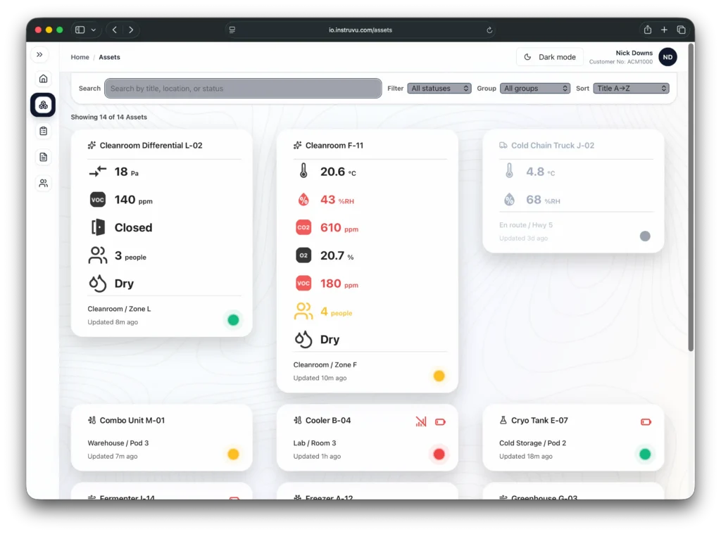 Detailed sensor cards showing live multi-parameter readings for cleanrooms, including temperature, differential pressure, VOC levels, and occupancy.