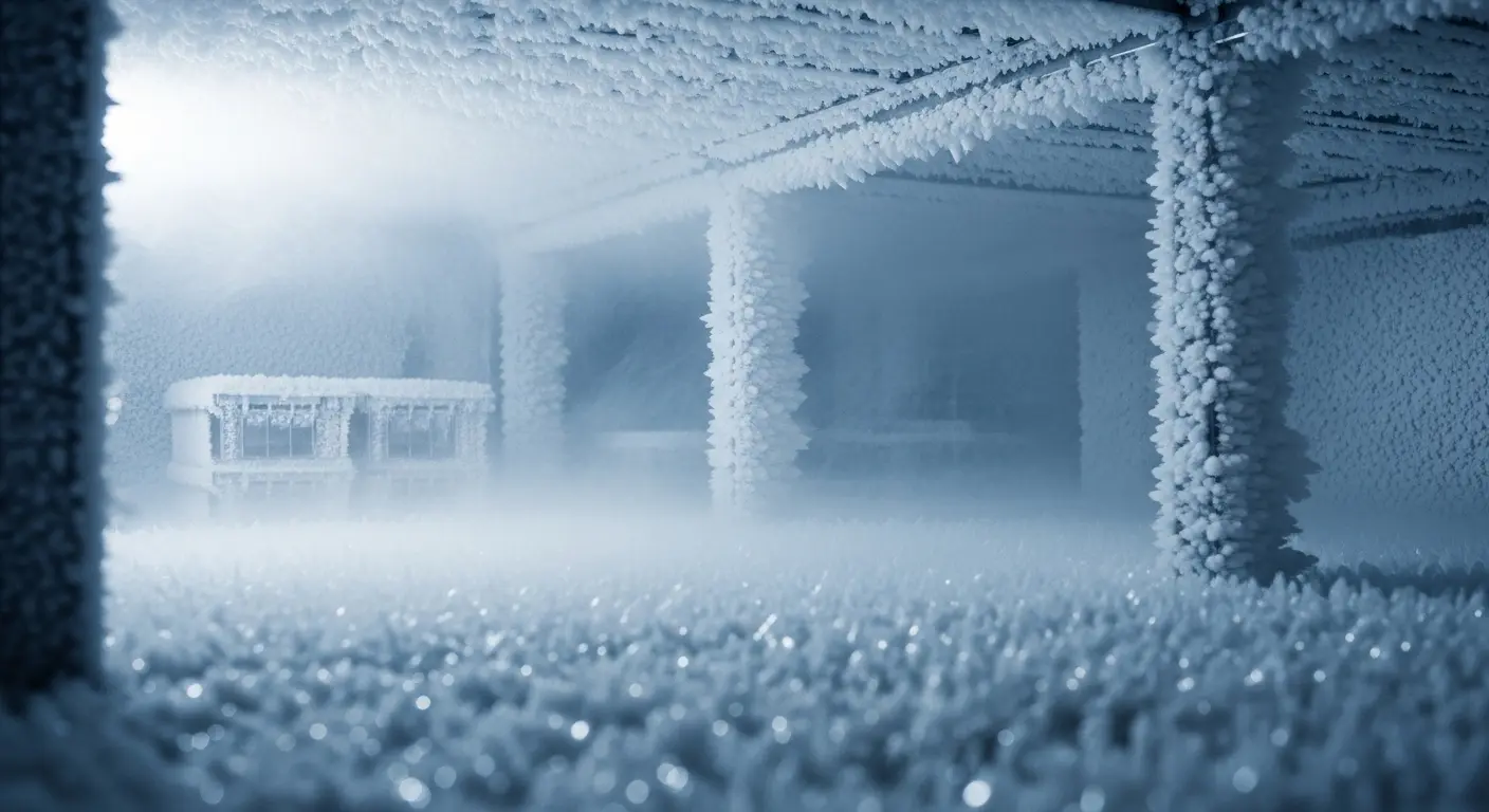 An interior view of an ultra-low temperature cryogenic storage facility covered in frost, showcasing extreme cold chain environmental conditions.