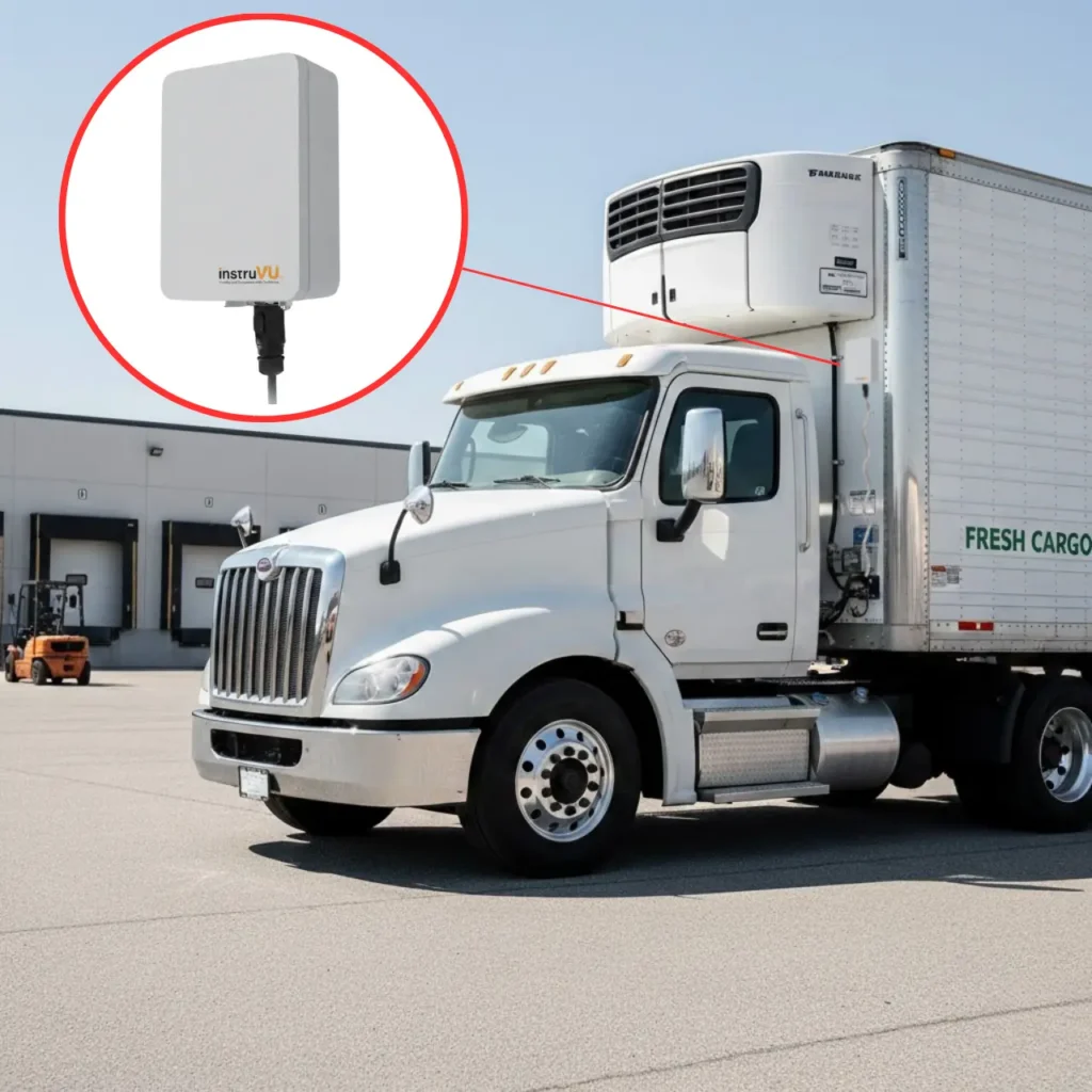 InstruVU pharmaceutical reefer truck with multi-zone temperature sensor placements for real-time GDP-compliant cold chain monitoring