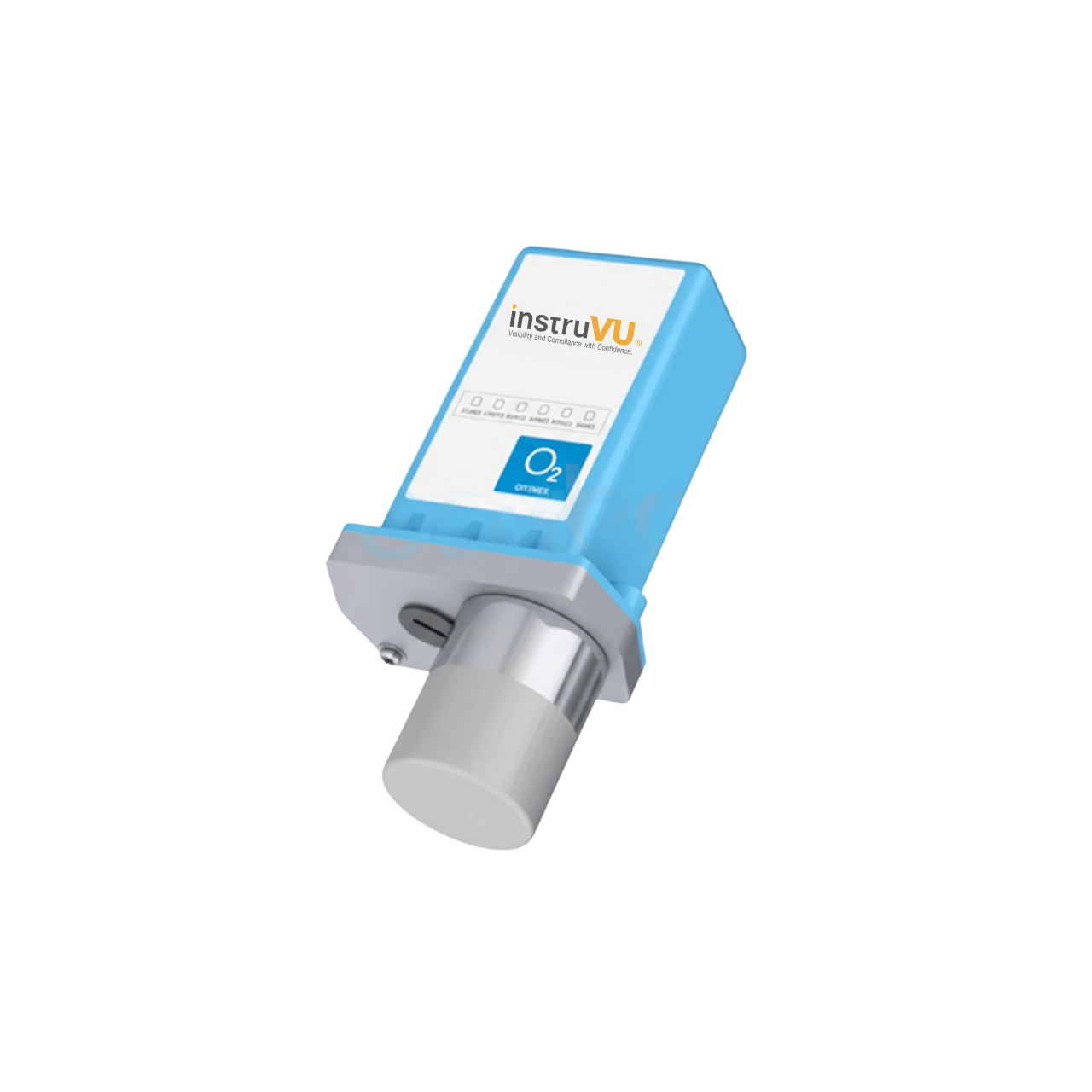 Blue and white InstruVU wireless oxygen safety sensor with a large cylindrical sensing probe on a white background.