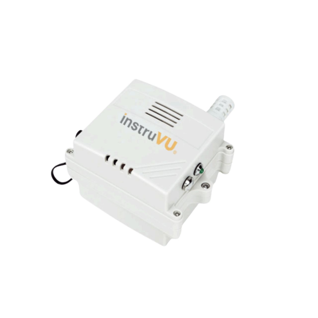 Angled view of a white InstruVU wireless particle count sensor with ventilation grilles and an external probe on a black background.