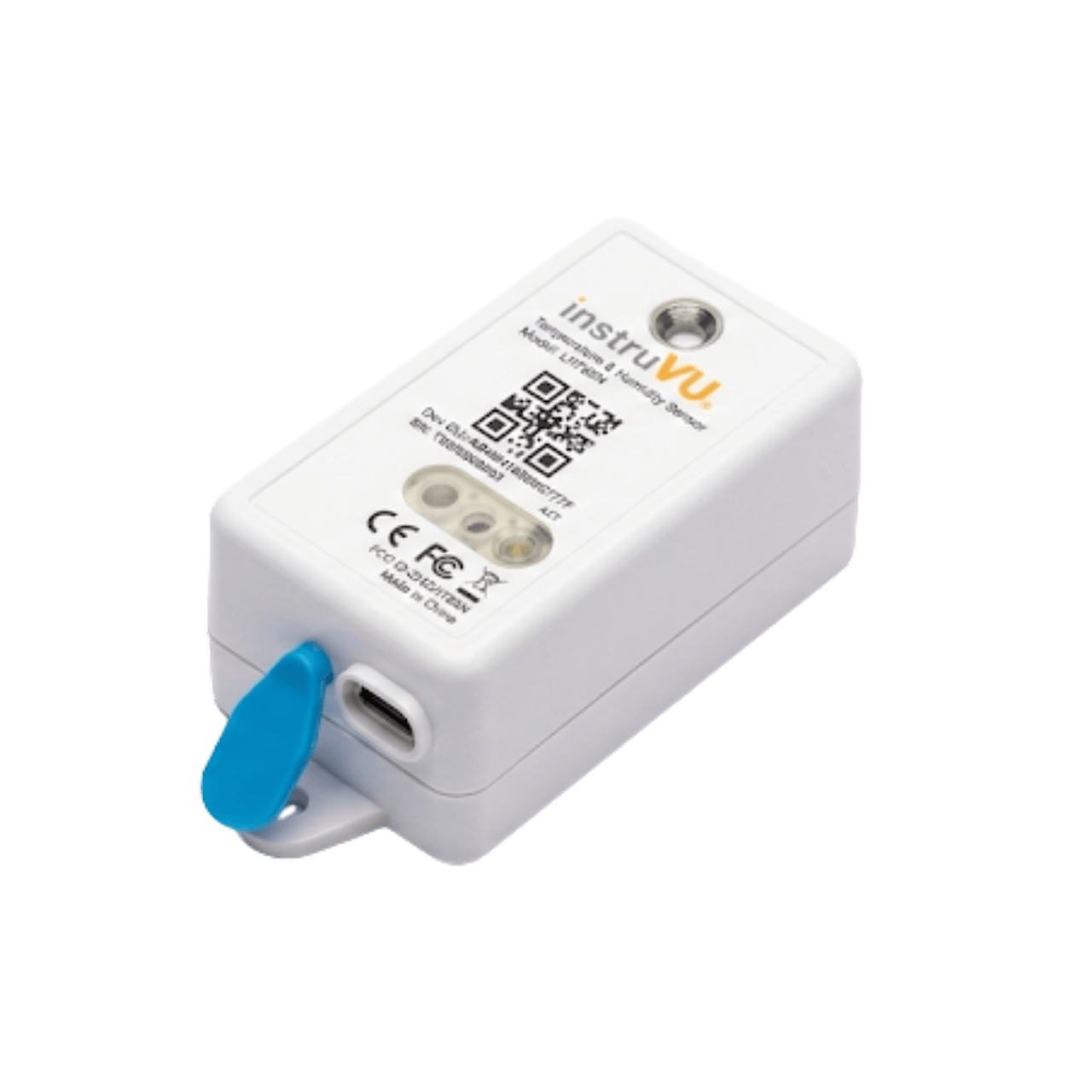 Angled view of a compact white InstruVU wireless temperature and humidity sensor with a QR code and blue port cover on a black background.