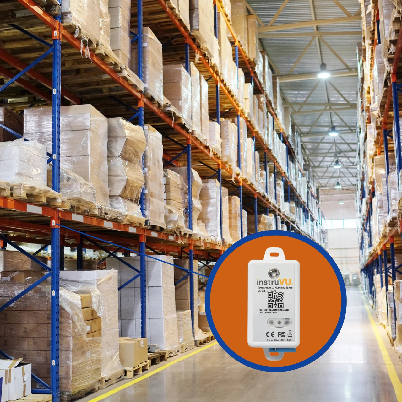 Intruvu wireless temperature and humidity sensor mounted in industrial warehouse with tall pallet racking systems