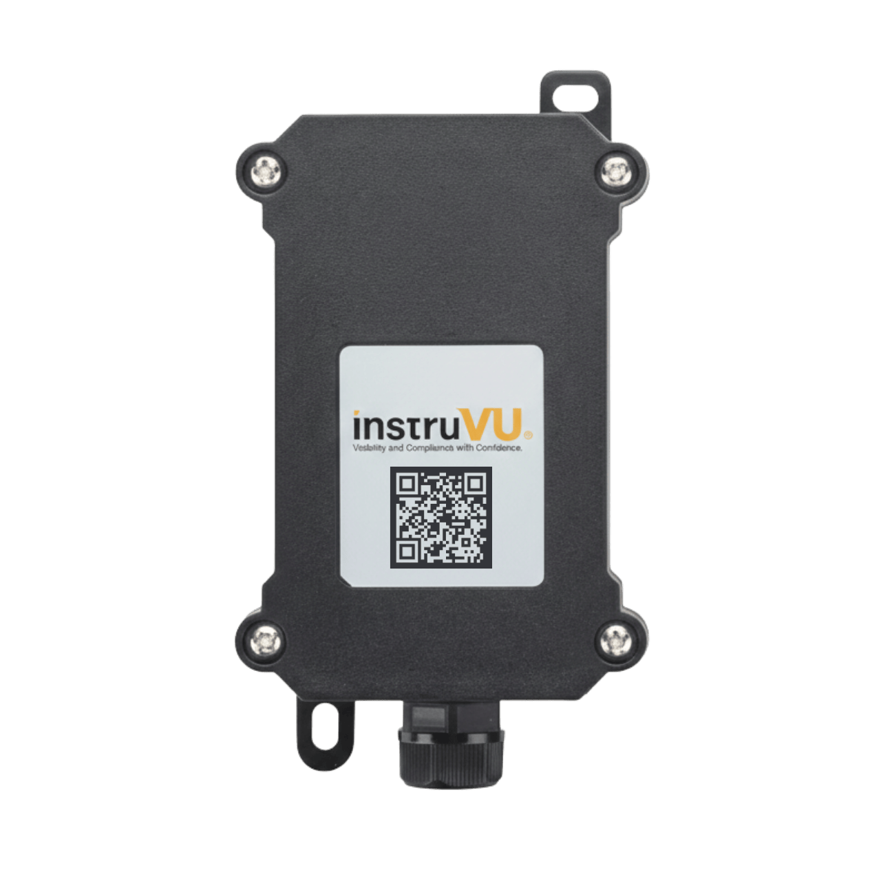 Rugged black InstruVU wireless ultra-low temperature transmitter with a QR code and mounting tabs on a black background.