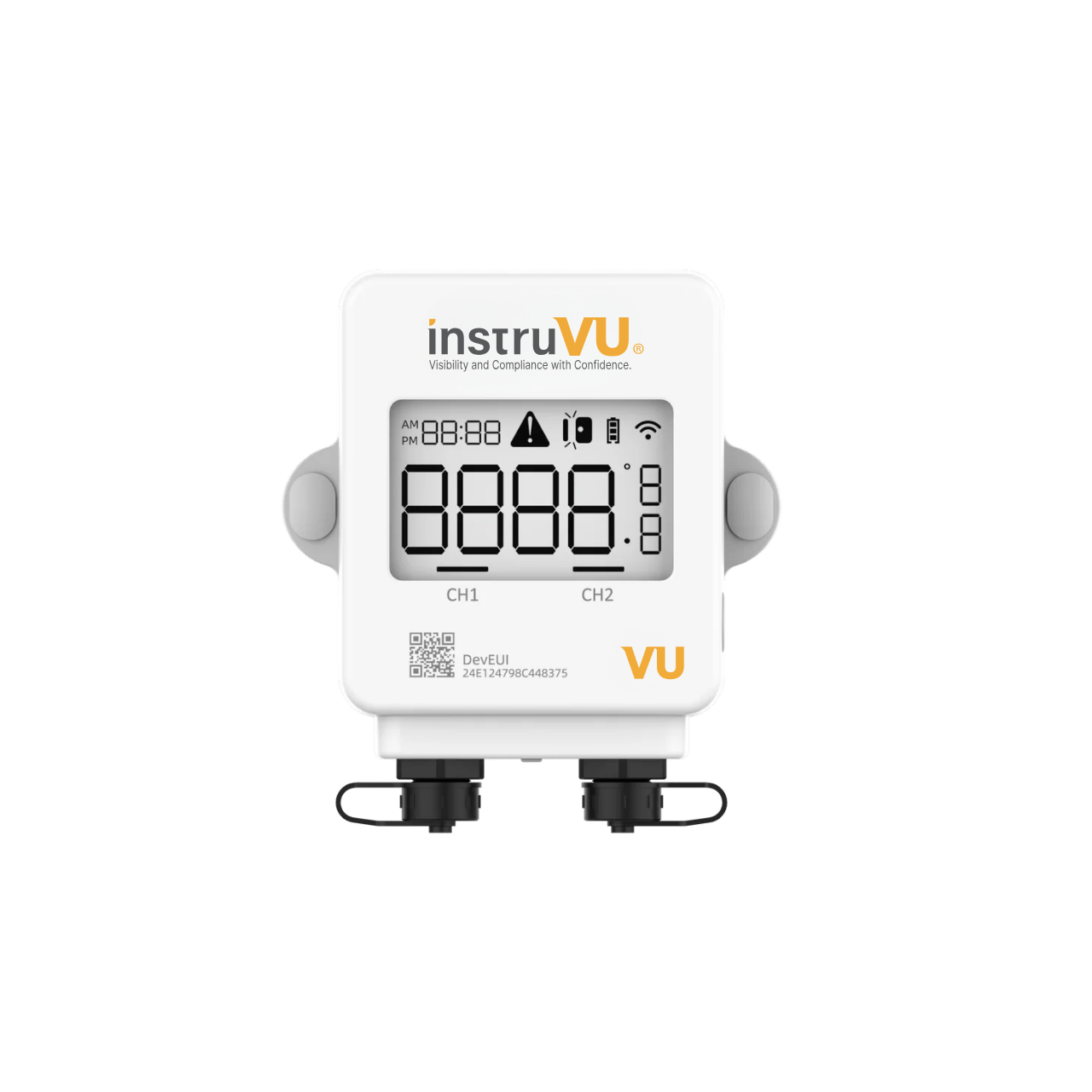 Front view of a white InstruVU visual wireless temperature transmitter with an LCD screen, dual sensor ports, and mounting tabs on a white background.