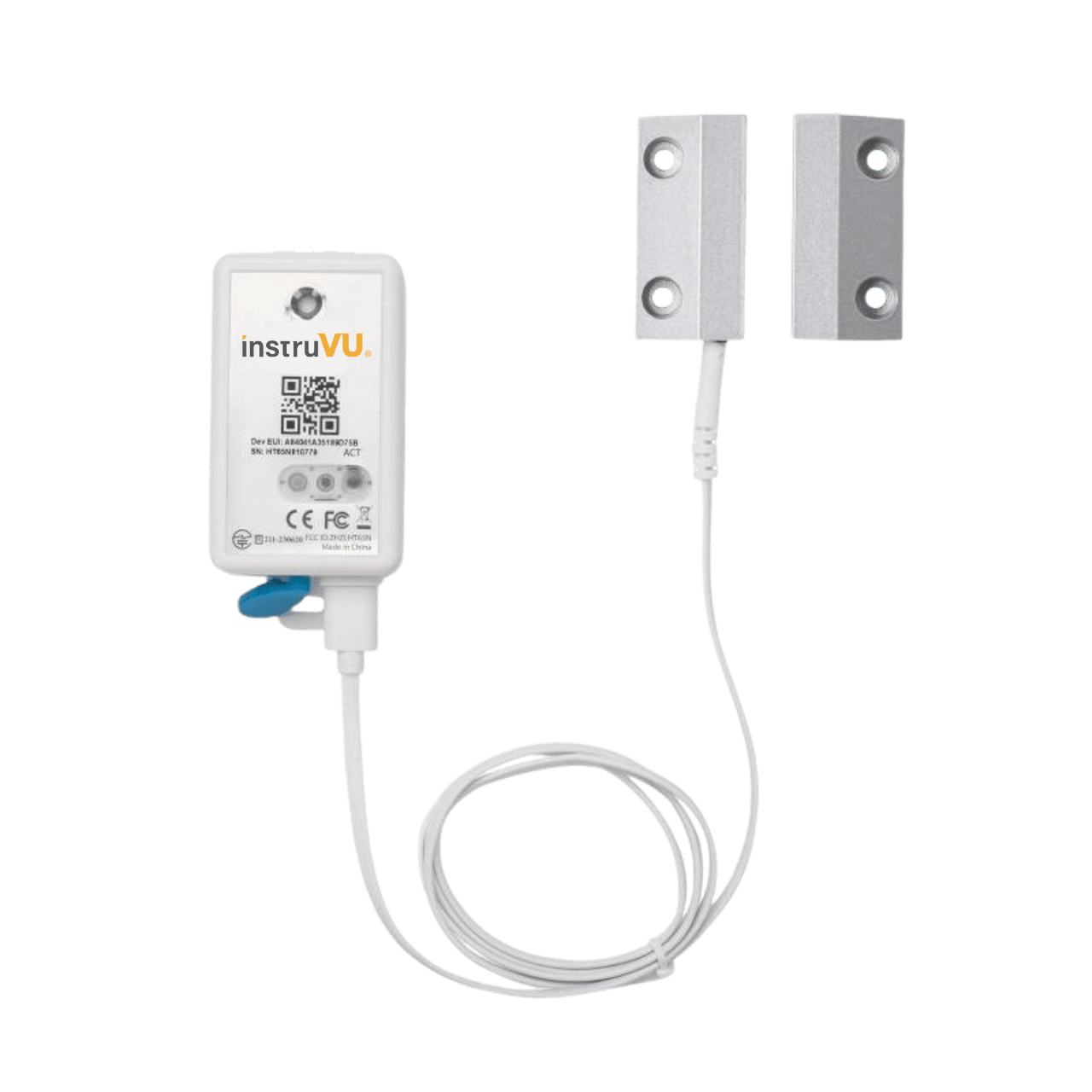 InstruVU wireless open/close door sensor featuring a white transmitter connected to a magnetic contact sensor with silver mounting brackets.