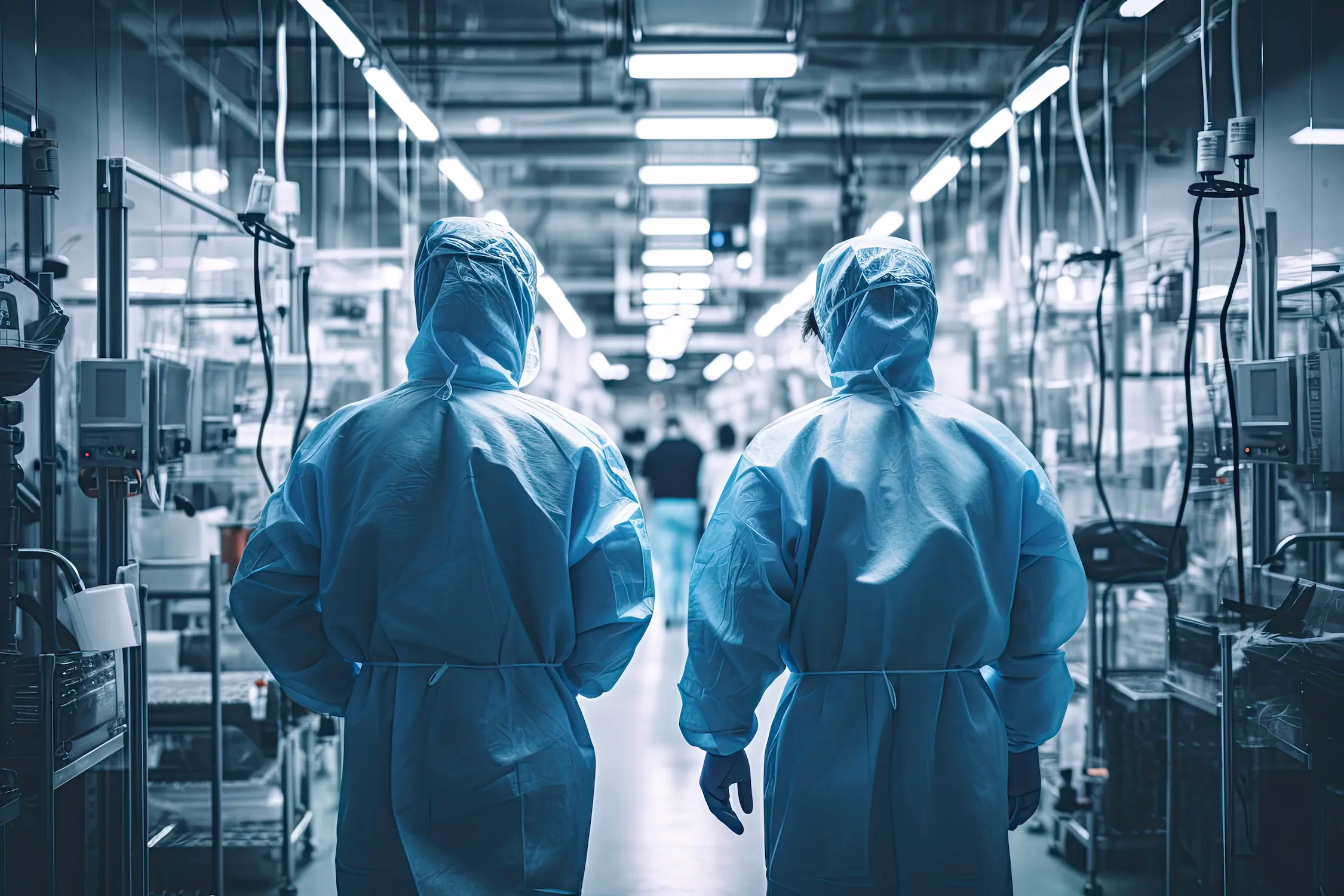 onitoring solutions for clean rooms and sterile facilities featuring technicians in protective gear.