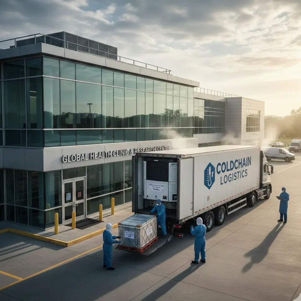 Technicians in protective gear unloading a temperature-controlled medical shipment from a Cold Chain Logistics trailer at a Global Health Clinic and Research Center.