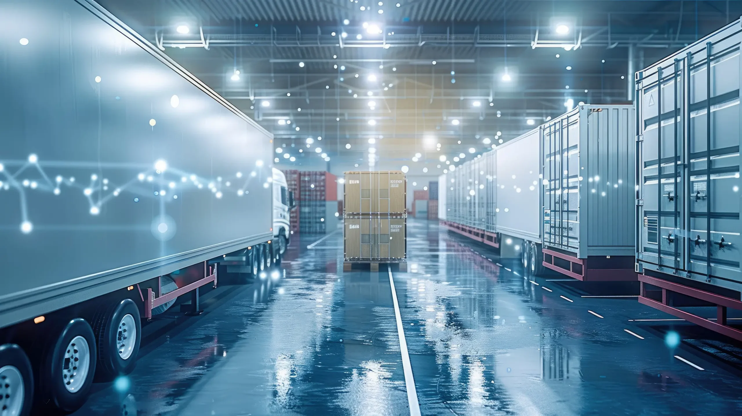 Refrigerated transport trucks and storage containers in a modern facility with digital network overlays representing proactive cold chain equipment monitoring.