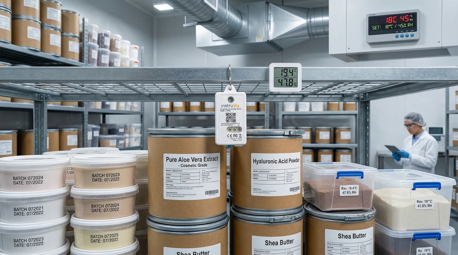 InstruVU temperature and humidity sensor monitoring a cosmetic ingredient storage room at 19.4°C and 47.8% RH, with labeled bulk containers of Pure Aloe Vera Extract, Hyaluronic Acid Powder, and Shea Butter on industrial shelving.