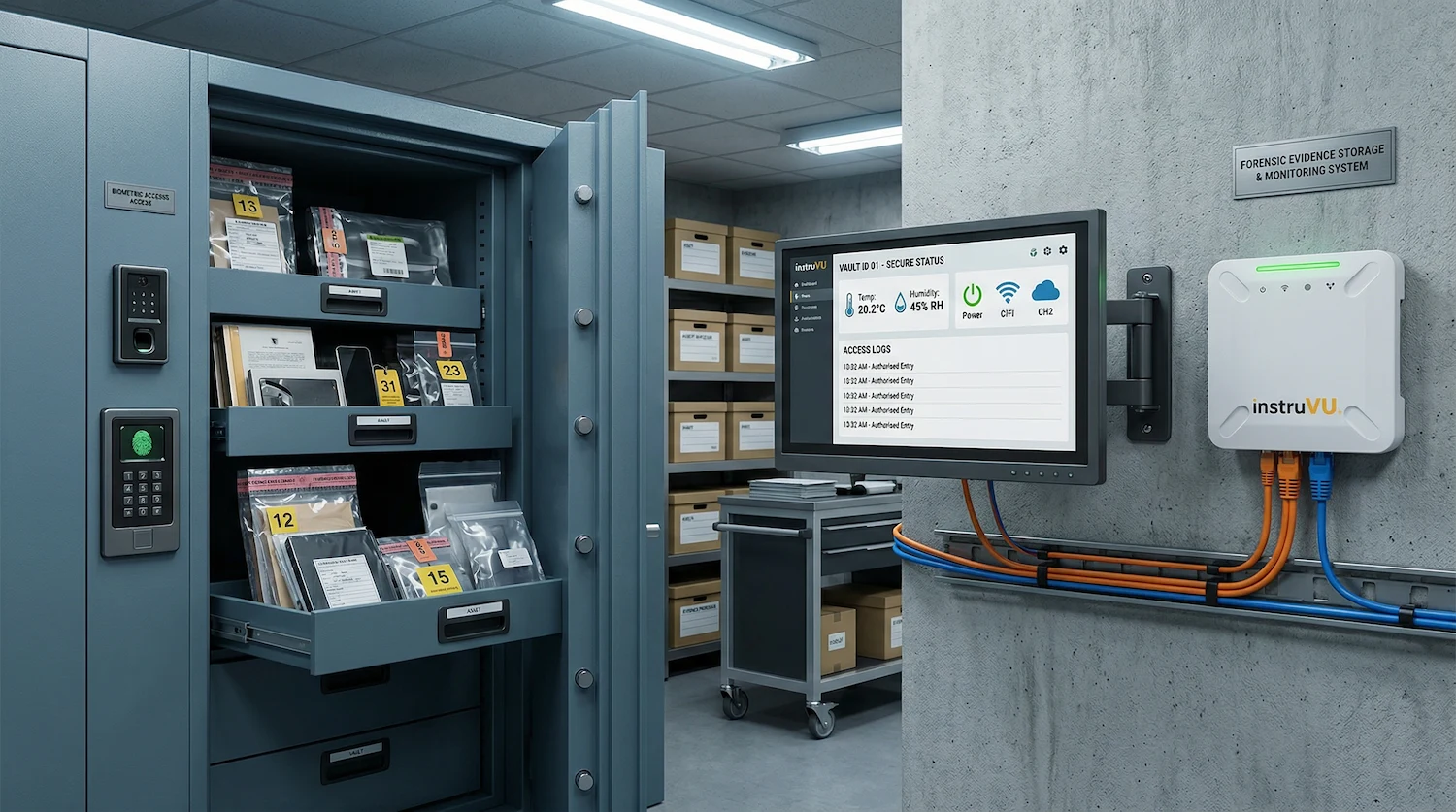 InstruVU monitoring hub and dashboard display mounted in a forensic evidence storage vault, showing real-time temperature and humidity readings alongside biometric-secured evidence drawers and shelving.