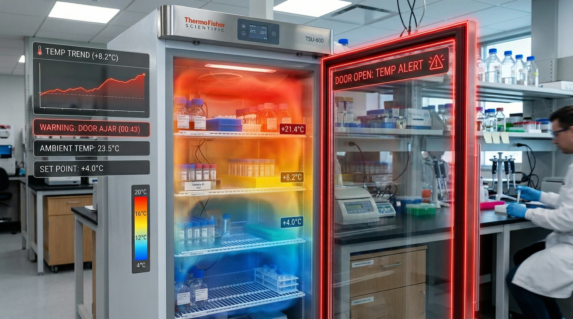 InstruVU door open alert on a Thermo Fisher Scientific TSU-600 laboratory refrigerator, showing a thermal heat map of rising internal temperatures, a warning display reading "Door Ajar 00:43," and a red alert border with "Door Open: Temp Alert," while a lab technician works in the background.