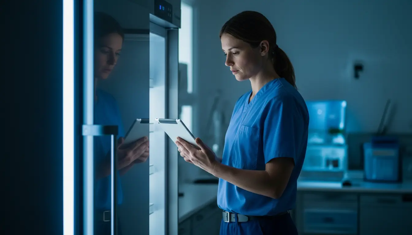 InstruVU hospital nurse using tablet to monitor medical refrigerator temperature and equipment health with predictive IoT system