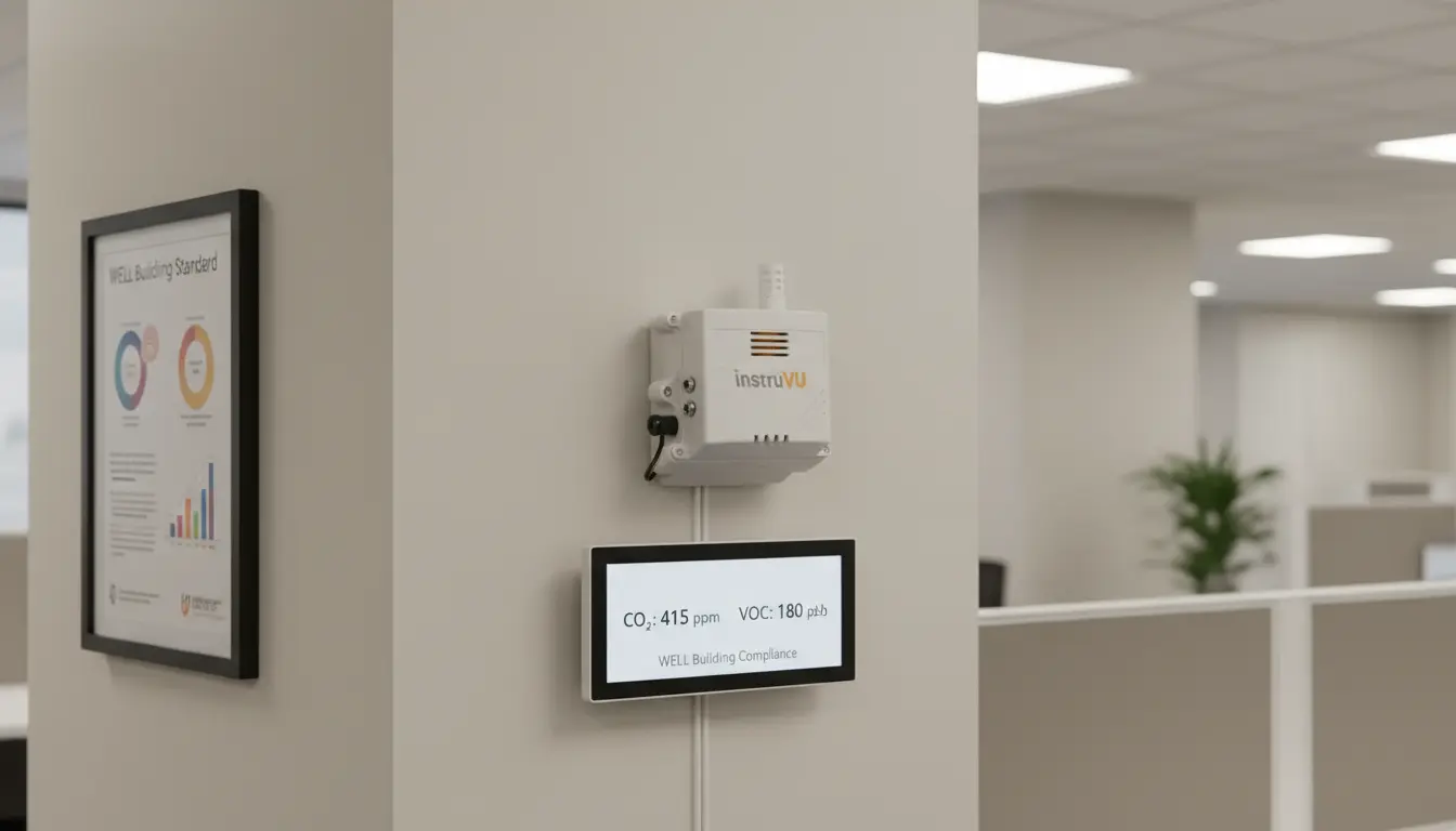 InstruVU wireless indoor air quality sensor mounted on office wall tracking CO₂ and volatile organic compounds for WELL building compliance