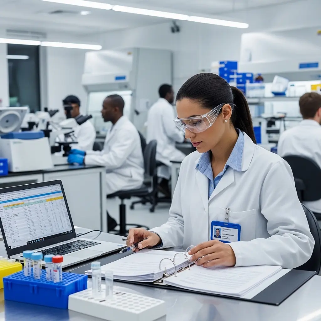 InstruVU laboratory technician reviewing validation documentation and compliance records in pharmaceutical quality control lab