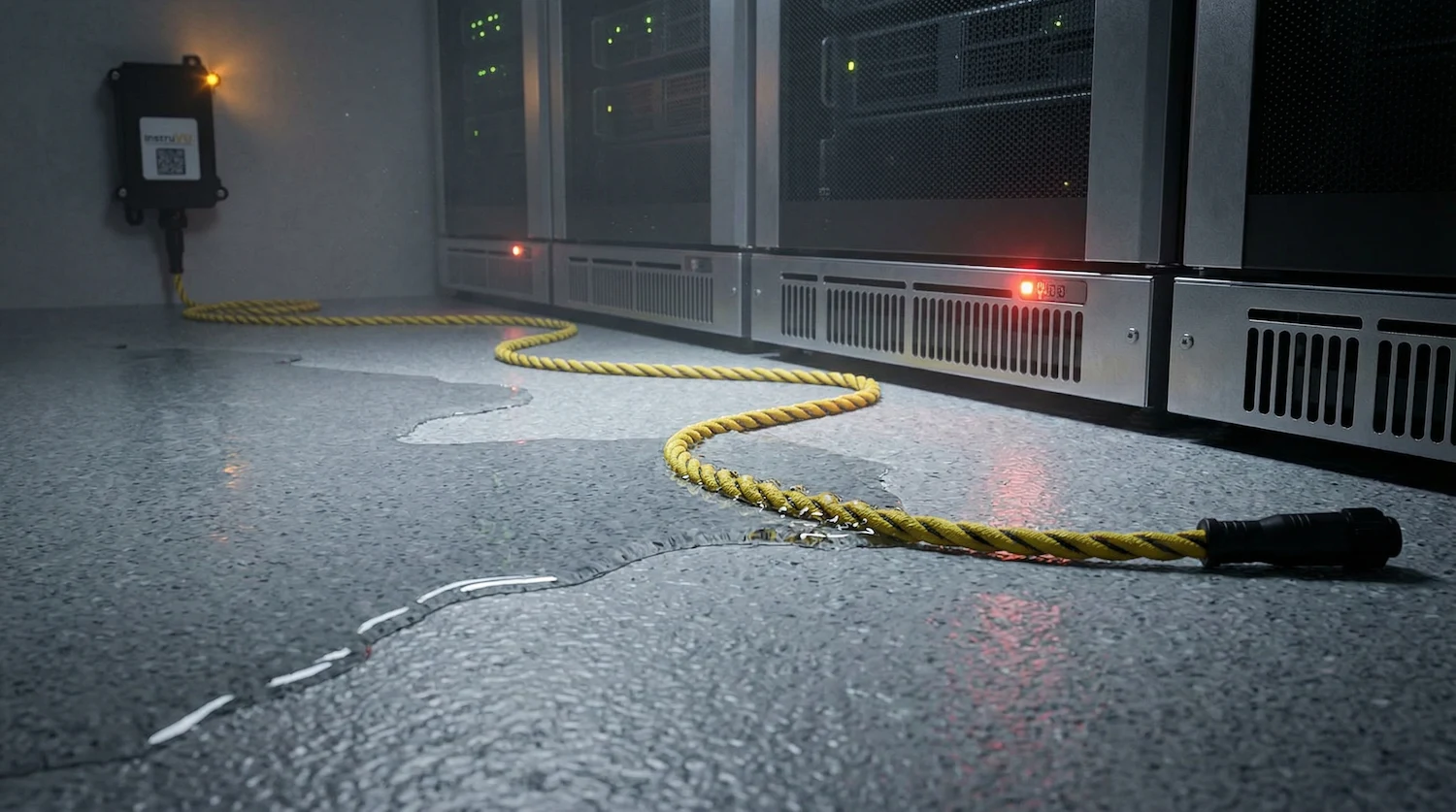 InstruVU leak rope sensor detecting water pooling on the floor of a server room, with the yellow cable running along the base of active server racks and connecting to a wall-mounted InstruVU wireless gateway.