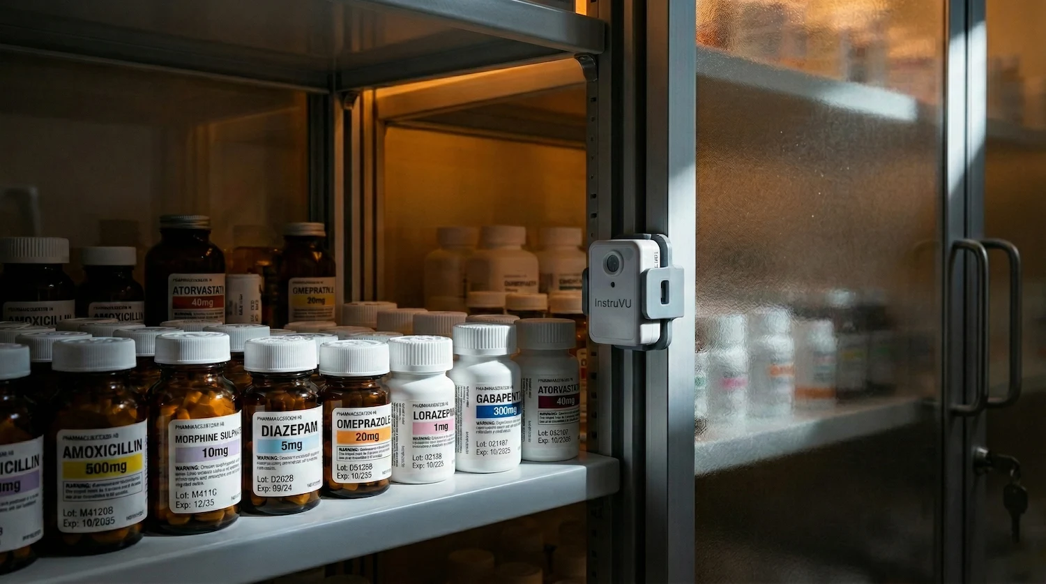 InstruVU Lux sensor mounted on the frosted glass door of a pharmaceutical storage cabinet, monitoring light levels among shelved medication bottles.