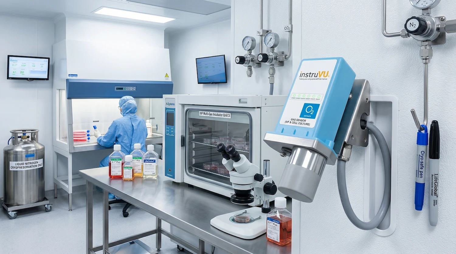 InstruVU O2 gas sensor for IVF and cell culture mounted on the wall of a cleanroom laboratory, with a K-Systems IVF Multi-Gas Incubator, biosafety cabinet, liquid nitrogen cryopreservation tank, and LifeGlobal culture media visible in the background.