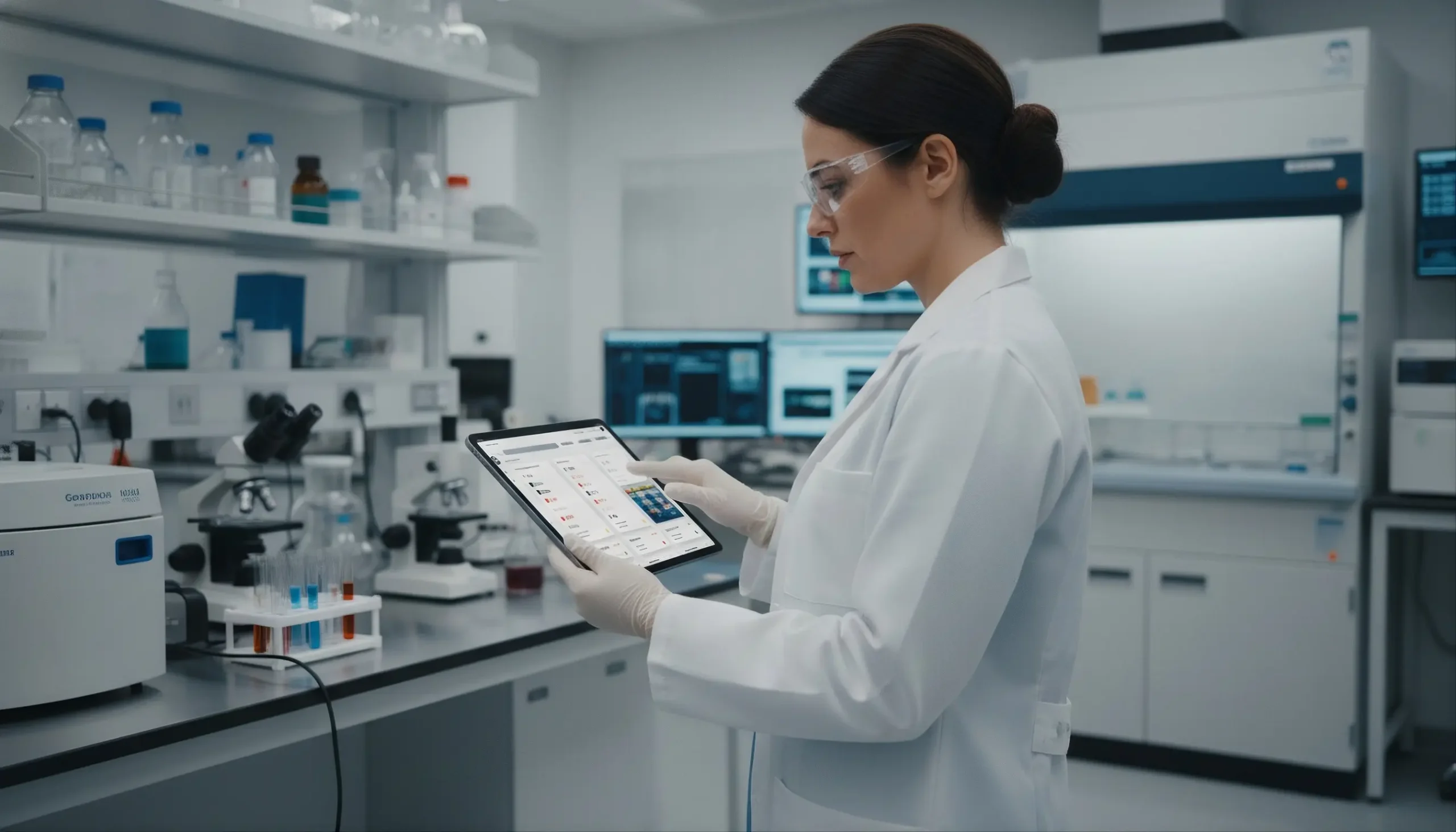 Monitoring solution for laboratory parameters featuring a scientist interacting with a 24/7 data tracking platform.