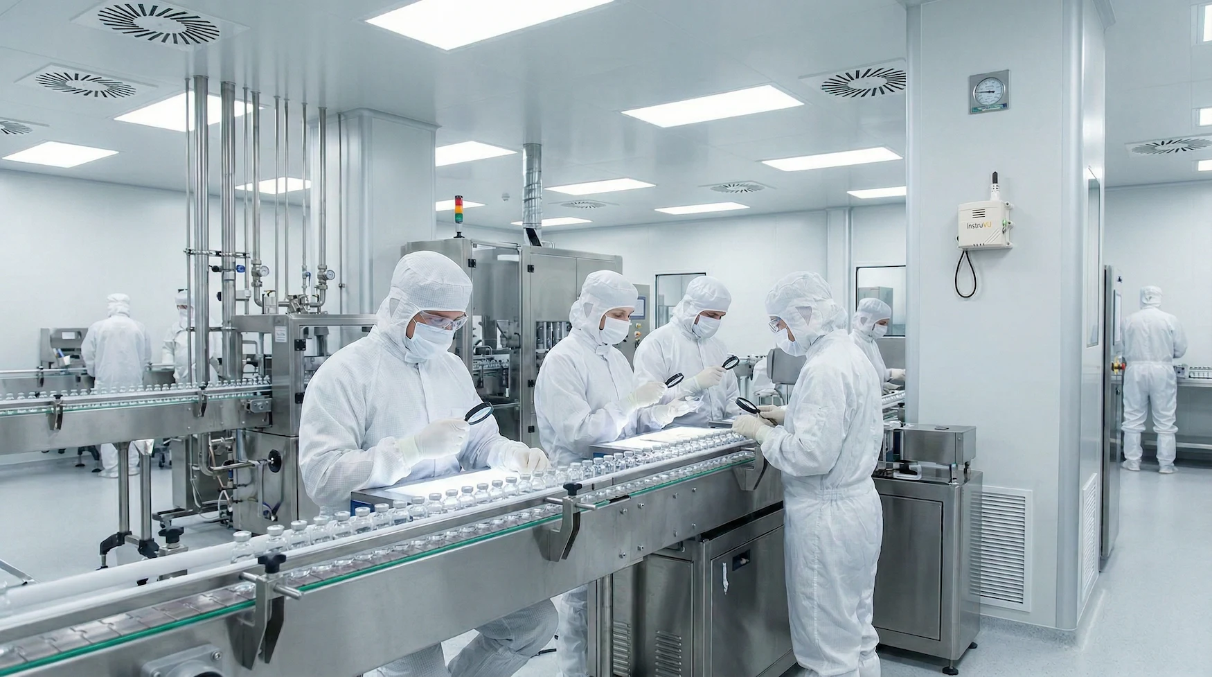InstruVU particle counter mounted on the wall of a pharmaceutical cleanroom, with gowned technicians inspecting vials on a sterile filling and capping production line.