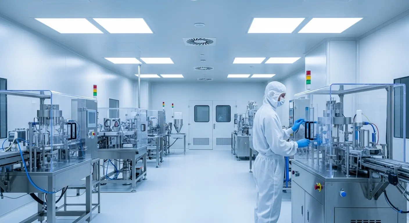 wo technicians wearing full sterile blue protective cleanroom suits walking through a high-tech manufacturing facility with integrated environmental monitoring sensors.