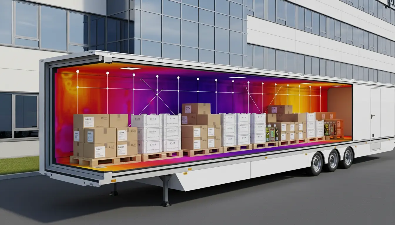 InstruVU thermal mapping visualization showing temperature distribution and sensor grid placement in pharmaceutical refrigerated trailer for GDP validation