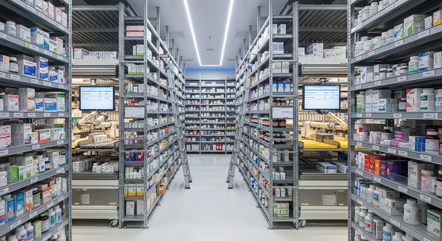 InstruVU automated pharmacy storage system with environmental monitoring displays for medication inventory management and temperature compliance