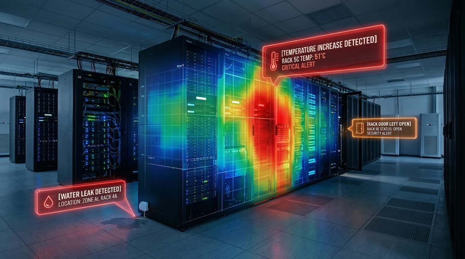 InstruVU data center monitoring visualization showing a thermal heat map overlay on server racks with active alerts for a critical temperature spike at 51°C on Rack 5C, a water leak detected at Zone A1 Rack 4A, and a rack door left open security alert on Rack 6E.