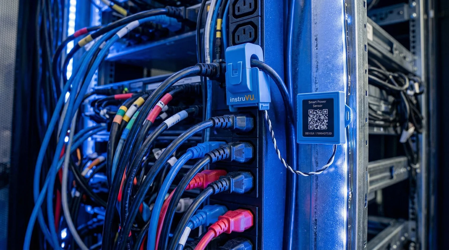 InstruVU Smart Power Sensor clipped around a power cable on a server rack PDU, with dense bundles of black, blue, and red power cables connected to rack-mounted equipment in a data center.