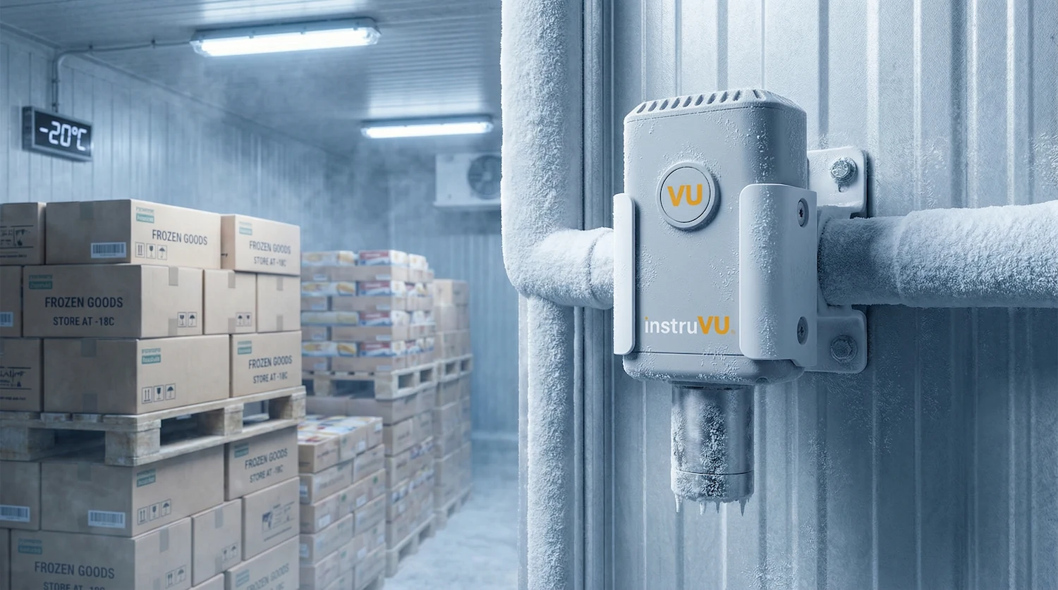 InstruVU wireless temperature sensor mounted on a frost-covered pipe inside an industrial walk-in freezer set to -20°C, with pallets of boxed frozen goods labeled "Store at -18°C" stacked throughout the storage room.