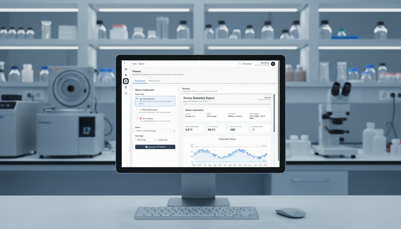 Intruvu environmental monitoring dashboard displaying device summary report with temperature history and compliance data on desktop monitor in laboratory setting