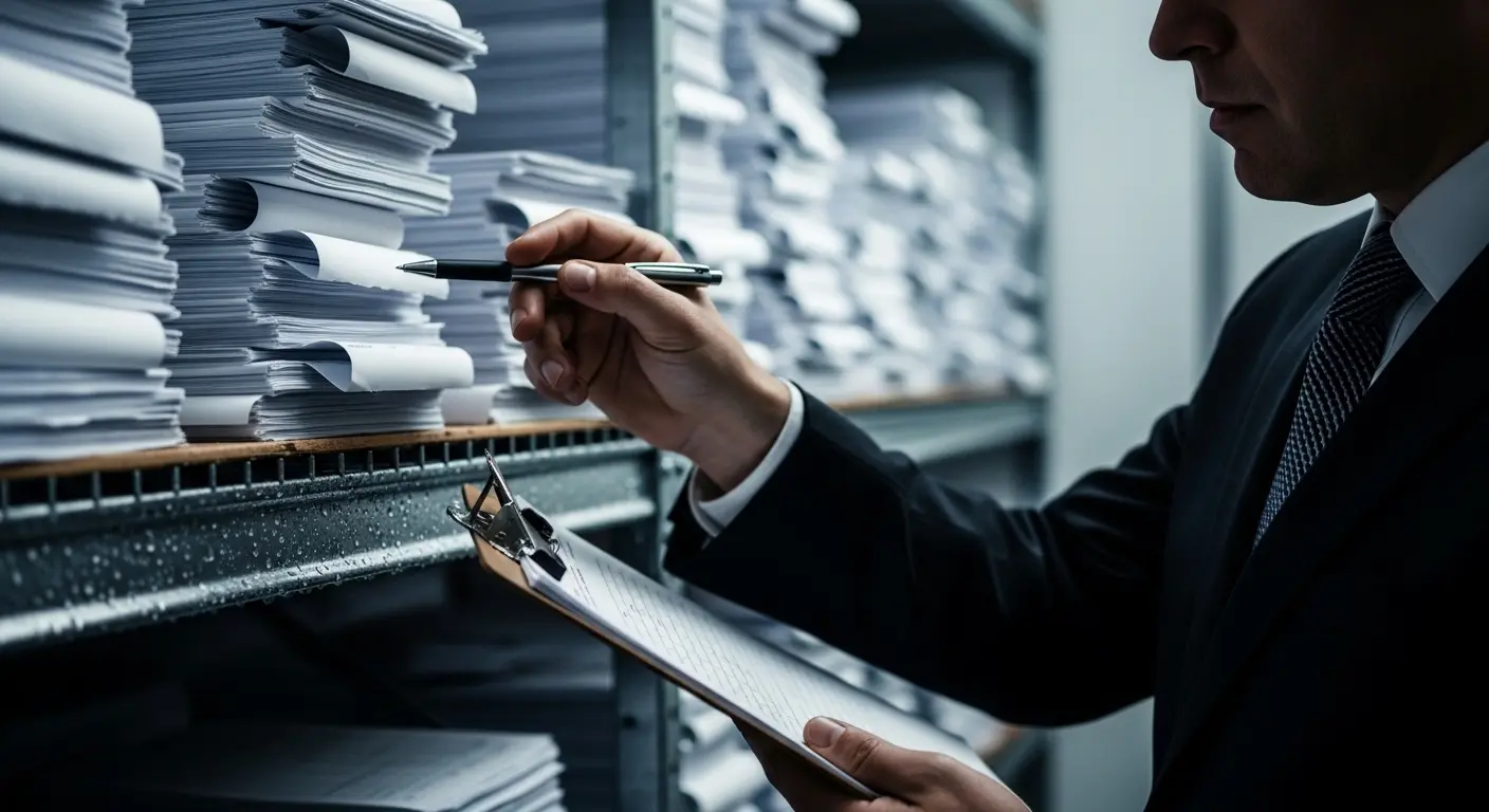 A professional in a suit performing a manual audit of stacked paper records, illustrating the complex documentation requirements that Instruvu's automated systems simplify.