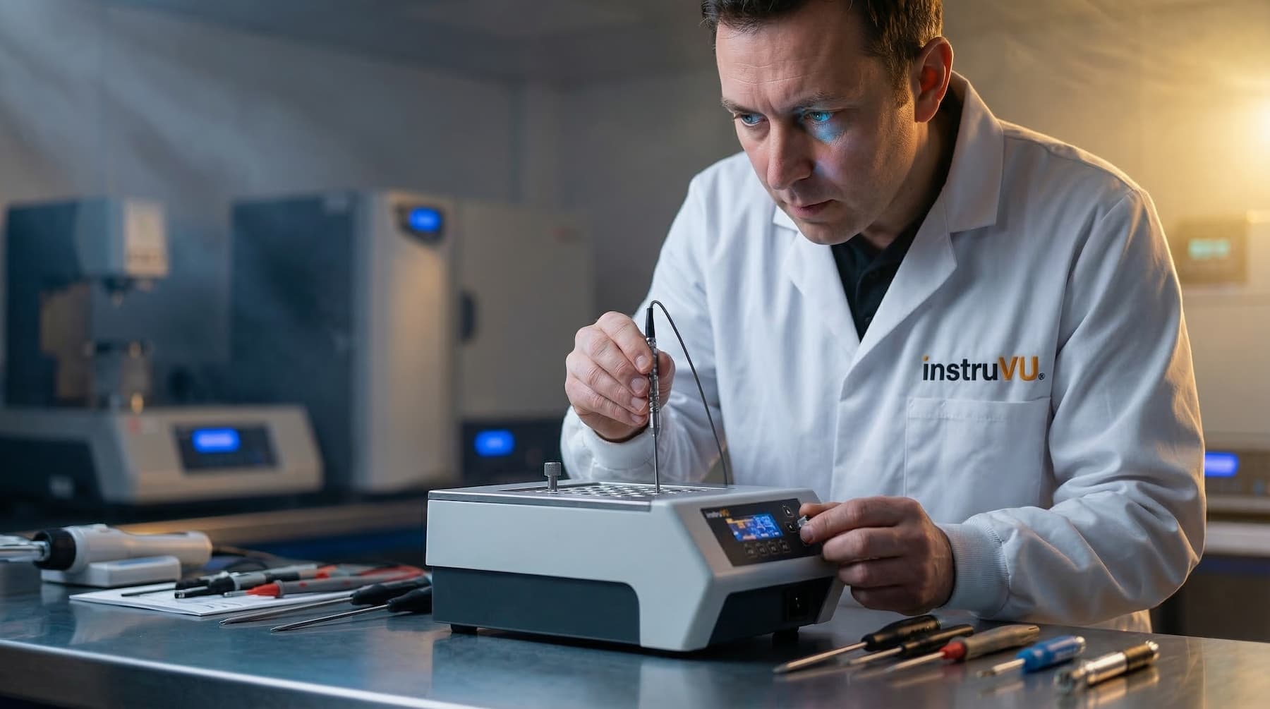 InstruVU metrology technician calibrating a precision temperature sensor in a professional laboratory environment
