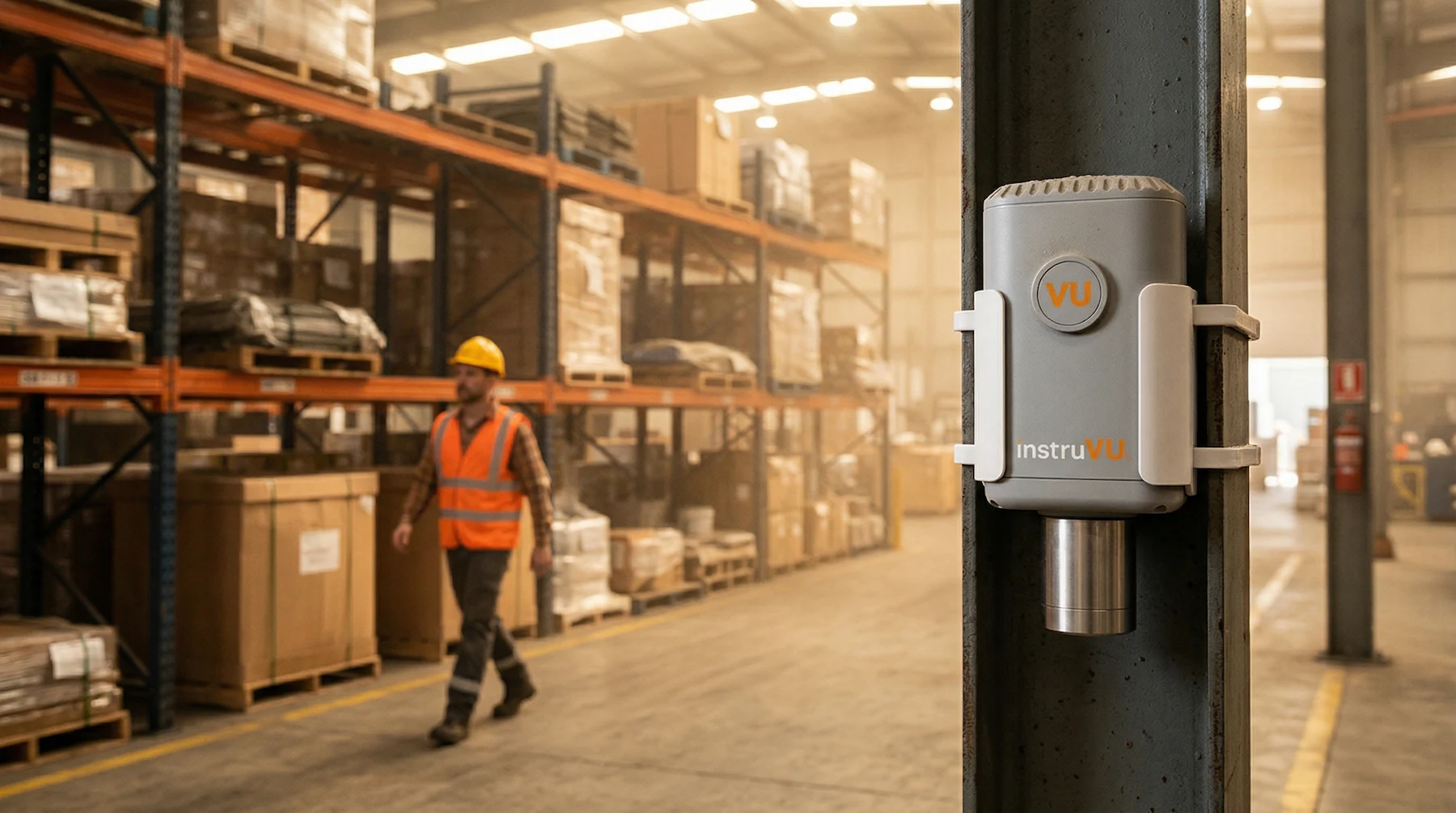 InstruVU wireless heat stress sensor mounted on a steel column in a large industrial warehouse, with a worker in a high-visibility vest and hard hat walking the floor in the background.