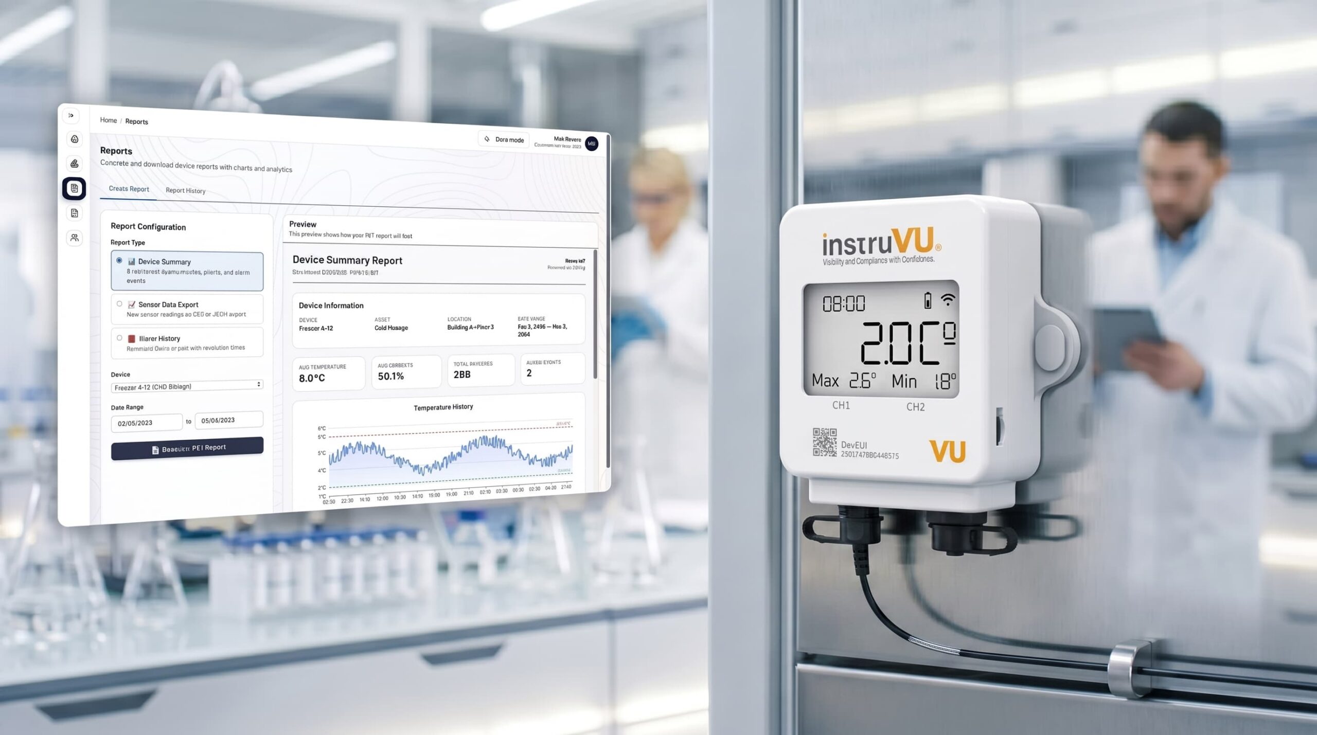 InstruVU wireless temperature transmitter with LCD display mounted on a lab freezer, alongside a monitoring dashboard showing temperature reports and analytics